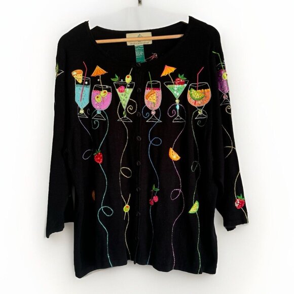 Design Options Women Embroidered Cardigan XL Martini Wine Glasses Holiday Artsy - Picture 1 of 16